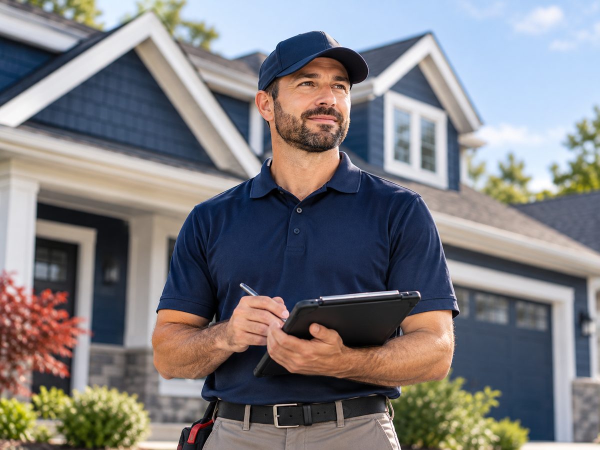 Home inspector with a tablet in front of a house